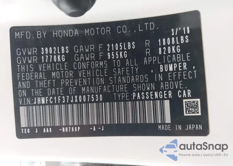 2018 Honda Civic Ex-T из США, поврежденный, VIN JHMFC1F37JX007530